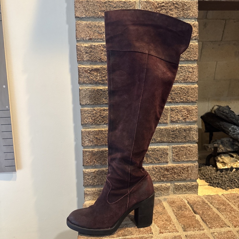 Born Over The Knee Suede Leather Block Heel Boots Women's Sz 7 Dark Red - Picture 4 of 16